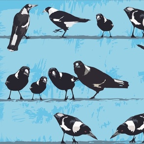 Magpies Birds on the Line - black and white on blue - bedding home decor wallpaper large