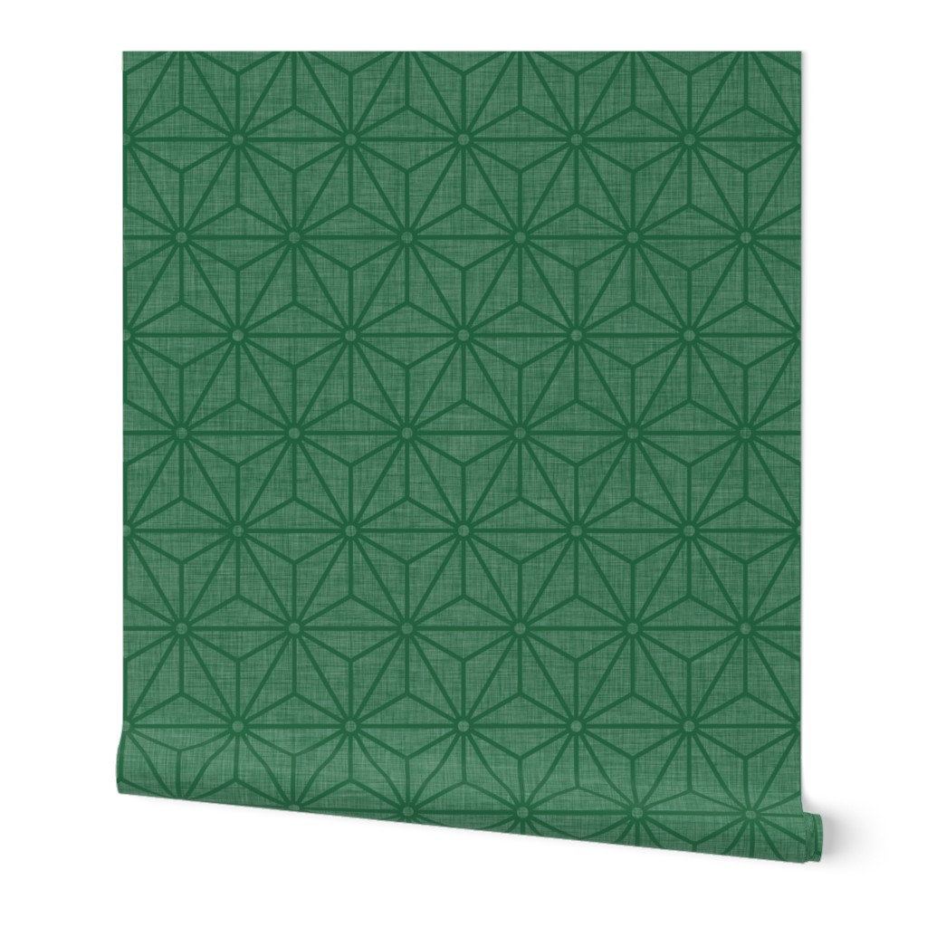 37 Geometric Stars- Japanese Hemp Leaves- Asanoha- Sashiko- Japandi- Linen Texture on Emerald Green Background- Petal Solids Coordinate- Medium