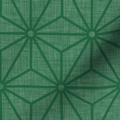 37 Geometric Stars- Japanese Hemp Leaves- Asanoha- Sashiko- Japandi- Linen Texture on Emerald Green Background- Petal Solids Coordinate- Medium