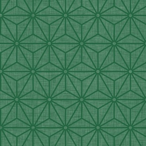 37 Geometric Stars- Japanese Hemp Leaves- Asanoha- Sashiko- Japandi- Linen Texture on Emerald Green Background- Petal Solids Coordinate- Medium