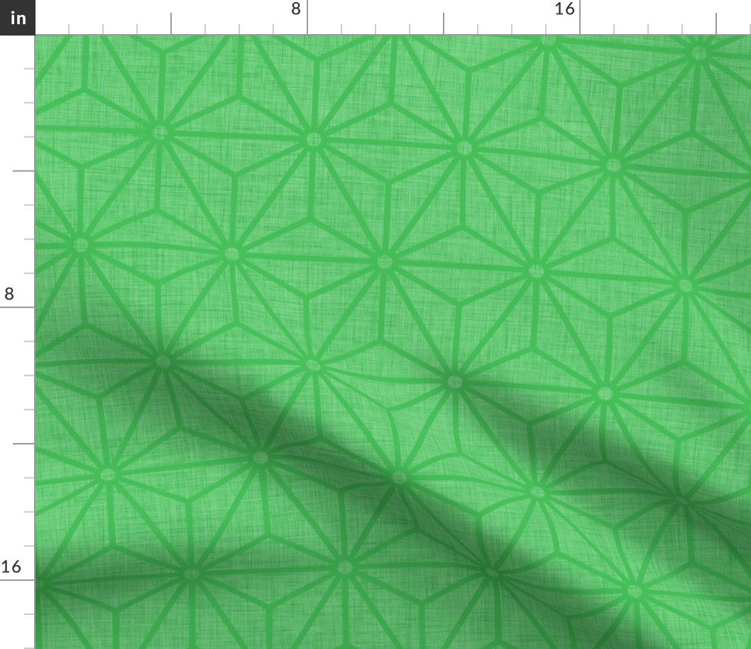 39 Geometric Stars- Japanese Hemp Leaves- Asanoha- Linen Texture on Grass Green Background- Petal Solids Coordinate- Medium
