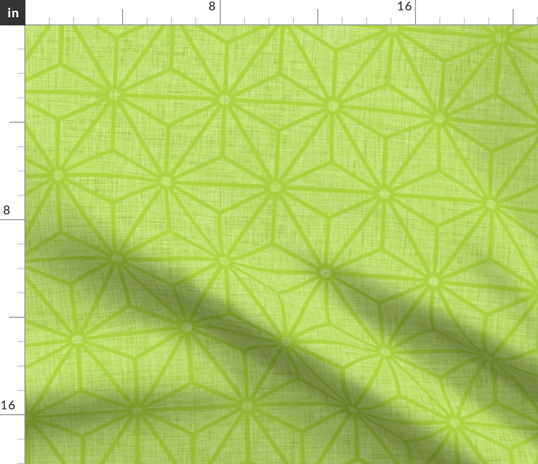 40 Geometric Stars- Japanese Hemp Leaves- Asanoha- Linen Texture on Lime Green- Petal Solids Coordinate- Medium
