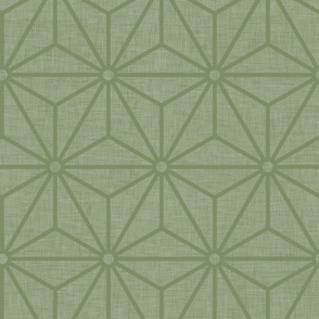 42 Geometric Stars- Japanese Hemp Leaves- Asanoha- Sashiko- Japandi- Linen Texture on Sage Green- Petal Solids Coordinate- Large