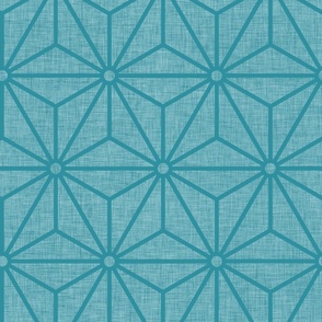 46 Geometric Stars- Japanese Hemp Leaves- Asanoha- Sashiko- Linen Texture on Lagoon- Turquoise Blue- Petal Solids Coordinate- Large