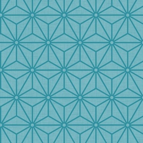 46 Geometric Stars- Japanese Hemp Leaves- Asanoha- Linen Texture on Lagoon- Turquoise Blue- Petal Solids Coordinate- Medium