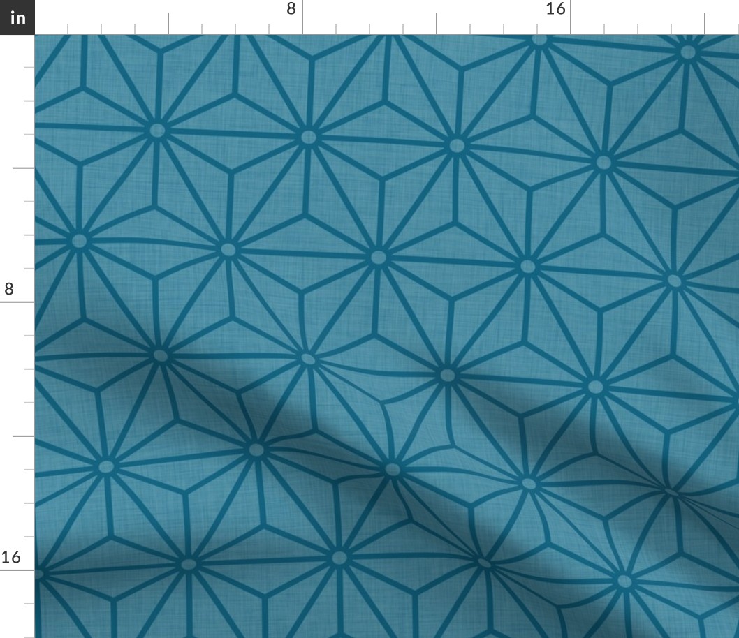 47 Geometric Stars- Japanese Hemp Leaves- Asanoha- Sashiko- Linen Texture on Peacock- Teal- Turquoise Blue- Petal Solids Coordinate- Medium