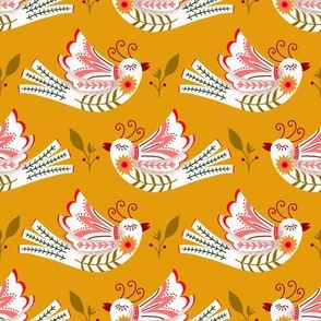 Folk Art Birds Flying in Yellow Pattern