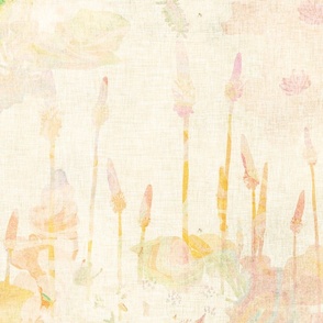 A pastel watercolor pattern of wild herbs in cream, peach and yellow tones with a vintage linen texture