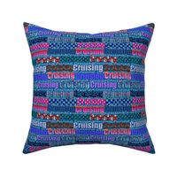 Cruising typography with cruise vacation patterns multicoloured on denim blue medium