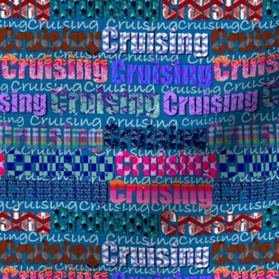 Cruising typography with cruise vacation patterns multicoloured on denim blue medium