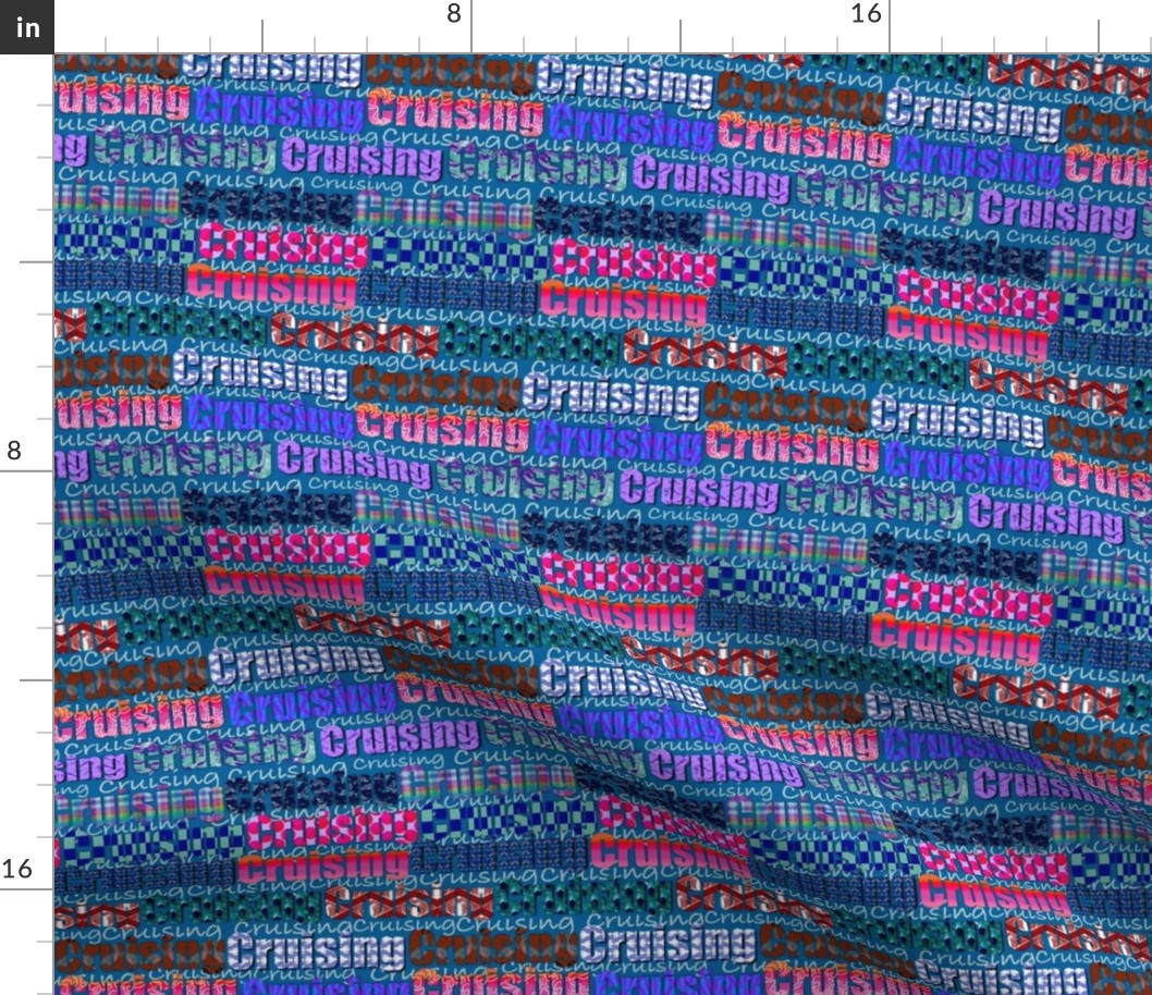 Cruising typography with cruise vacation patterns multicoloured on denim blue medium