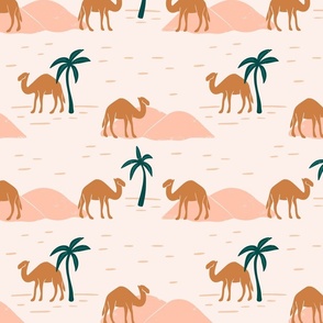 Camels in the Oasis - peach, dark green - large