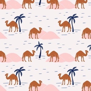 Camels in the Oasis - light pink, dark blue - large