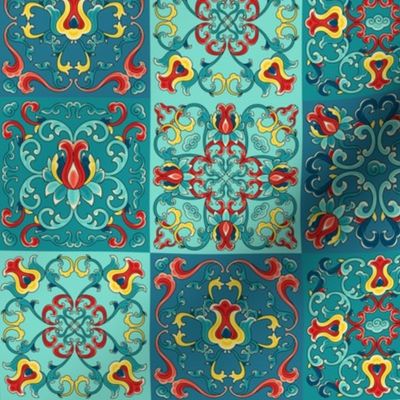 Bright Talavera Tiles in Turquoise, Scarlet, and Yellow