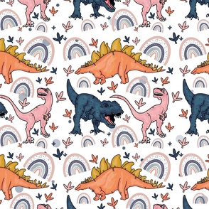 Rosy dinosaurs and rainbows on white - small