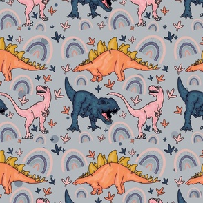 Rosy dinosaurs and rainbows on grey 