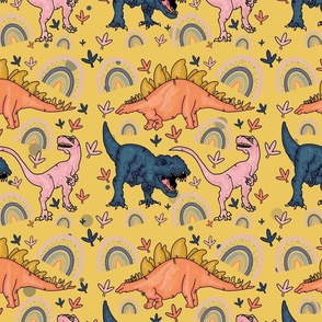 Dinosaurs and rainbows on yellow