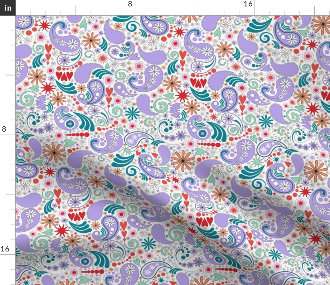 Paisley, lavender, red, teal