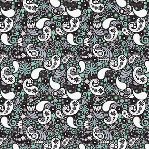 Paisley with teal and gray and white on black