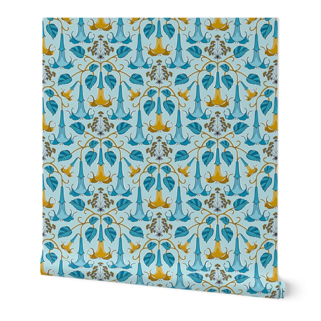 Angel's Trumpets Vintage Floral Blue Goldenrod Small Scale