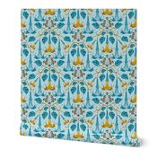 Angel's Trumpets Vintage Floral Blue Goldenrod Small Scale
