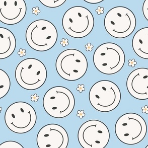 (M Scale) Bright Scattered White Smileys on Light Blue