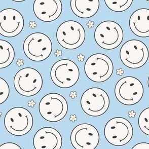 (S Scale) Bright Scattered White Smileys on Light Blue