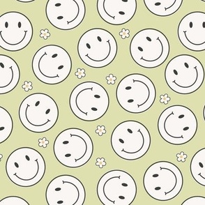 (S Scale) Bright Scattered White Smileys on Light Green