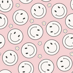 (M Scale) Bright Scattered White Smileys on Pink