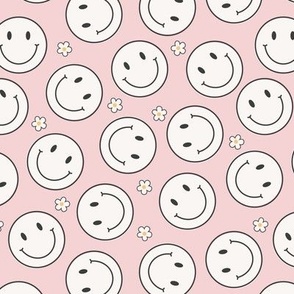 (S Scale) Bright Scattered White Smileys on Pink