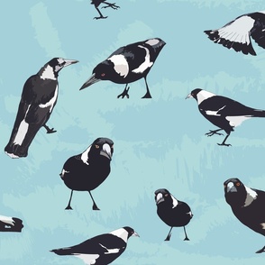 Magpies Birds Group Modern Animals Black White Blue - home decor bedding wallpaper - 21x18"