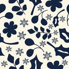 Dark blue flowers, leaves and snowflake  pattern