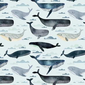 Life at Sea - Hand drawn watercolor whales over blue medium - ocean coastal home decor - baby nursery