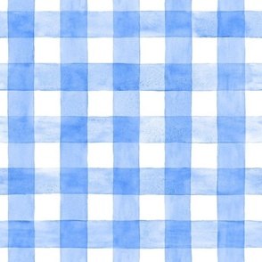 Coastal Blue Watercolor Broad Gingham Plaid  - Medium Scale - Painted Checkers Picnic Country