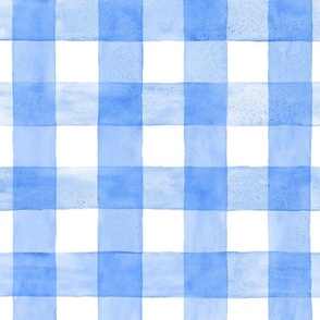 Coastal Blue Watercolor Broad Gingham Plaid  - Large Scale - Painted Checkers Picnic Country