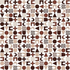 523 - Small scale Abstract mod minimalist geometric chequerboard in coffee, caramel and white, featuring circles, triangles, crosses and squiggly shapes for curtains, wallpaper, cushions, pet accessories and quilting