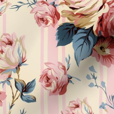 Antiqued Rococo Roses And Stripes - Rococo Fabric - Victorian Wallpaper - blush and rose quartz
