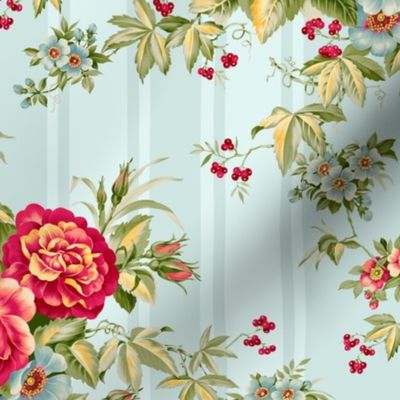 Antiqued Rococo Roses And Stripes - Rococo Fabric - Victorian Wallpaper - light blue 