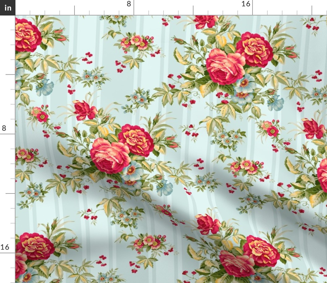 Antiqued Rococo Roses And Stripes - Rococo Fabric - Victorian Wallpaper - light blue 