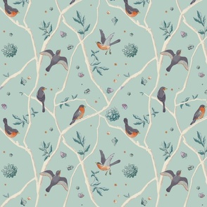 Winter birds at dawn-10.5 inch fabric_24 inch wallpaper 