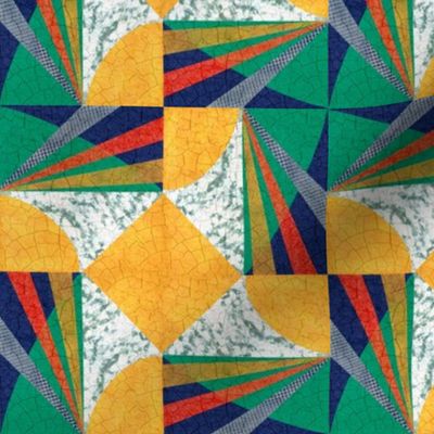 Euphoric Spring Anvil and trailing star patchwork block tiles textured jonquil and gold with emerald green and dark blue
