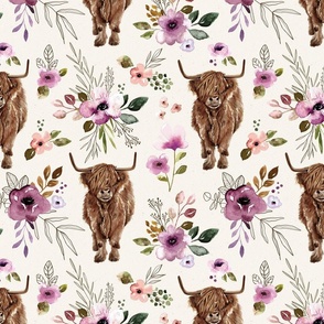 Spoonflower Fabric - Maroon Floral Highland Cow Pink Cows Scottish Printed  on Minky Fabric by the Yard - Sewing Quilt Backing Plush Toys