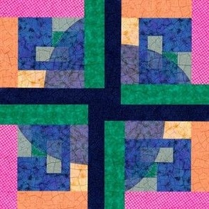 Euphoric Spring patchwork block, squares and semi circles with opacity geometric abstract emerald green, navy blue, pink, grey and salmon