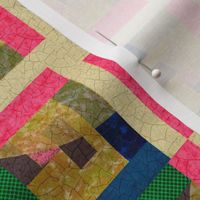 Euphoric Spring patchwork block, squares and semi circles with opacity geometric abstract bright pink, navy blue, salmon coral