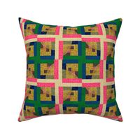 Euphoric Spring patchwork block, squares and semi circles with opacity geometric abstract bright pink, navy blue, salmon coral
