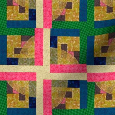 Euphoric Spring patchwork block, squares and semi circles with opacity geometric abstract bright pink, navy blue, salmon coral