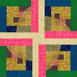 Euphoric Spring patchwork block, squares and semi circles with opacity geometric abstract bright pink, navy blue, salmon coral