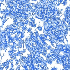 Delft Blue China Chinoiserie Peonies Roses Chrysanthemum Blooms
