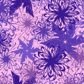 Drawn Pigmented Purple  Lavender Clematis Aster Blooms