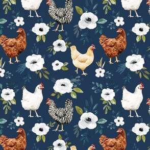 Chicken Floral on Navy Blue Avaleigh Collection 12 inch
